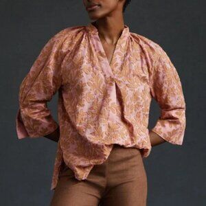 Anthropologie Pink Brown Leaf Embroidered Applique Popover Blouse